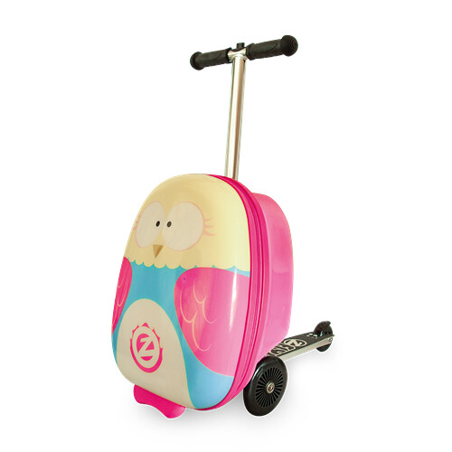 Zinc Flyte Scooter Suitcase with a pink owl design.