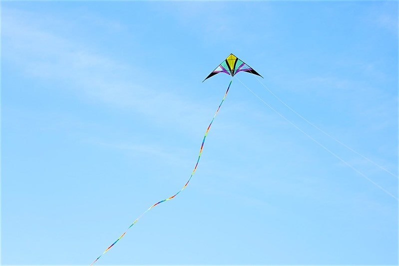 A multi-coloured kite flying high in a blue sky.