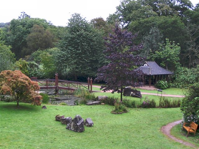 The Oriental garden with a small bridge at Bryngarw Country Park, Cardiff.