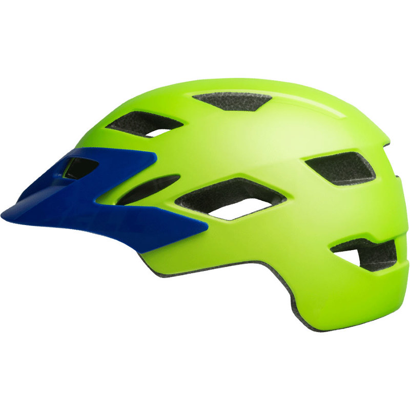 A neon green and blue Bell Sidetrack Kids Bike Helmet.