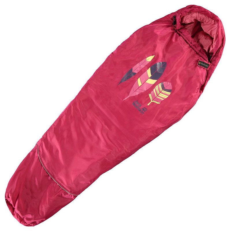 A red Jack Wolfskin GROW UP KIDS Sleeping Bag with a feather pattern.