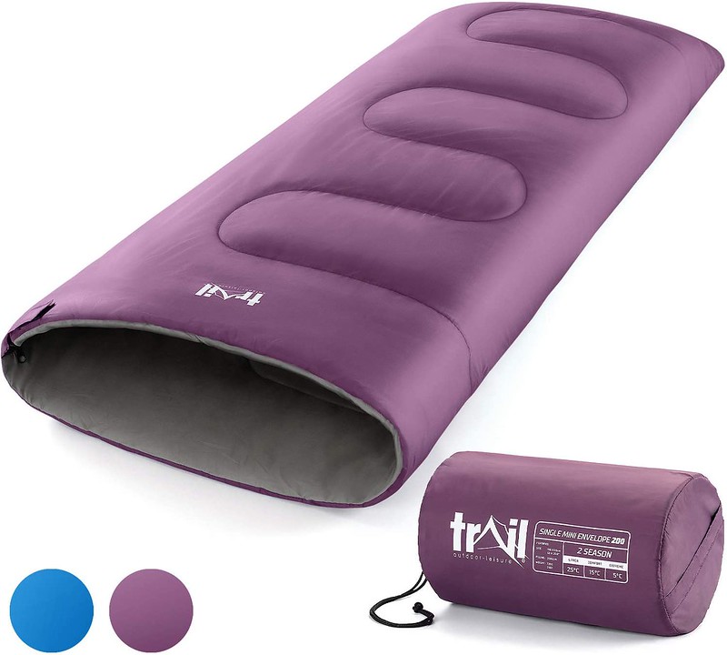 A purple Trail Envelope Mini Sleeping Bag that also comes in blue.