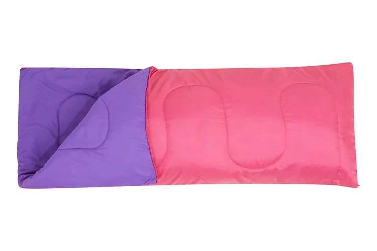 A pink and purple reversible Basecamp 200 Mini Sleeping Bag.
