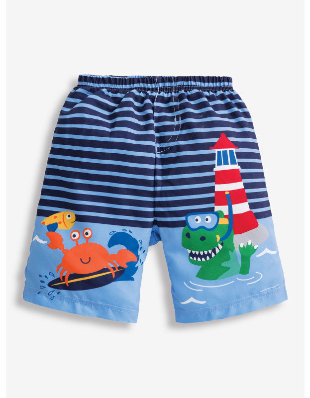 Sea Print Swim Shorts With Nappy, with a cute lighthouse design.