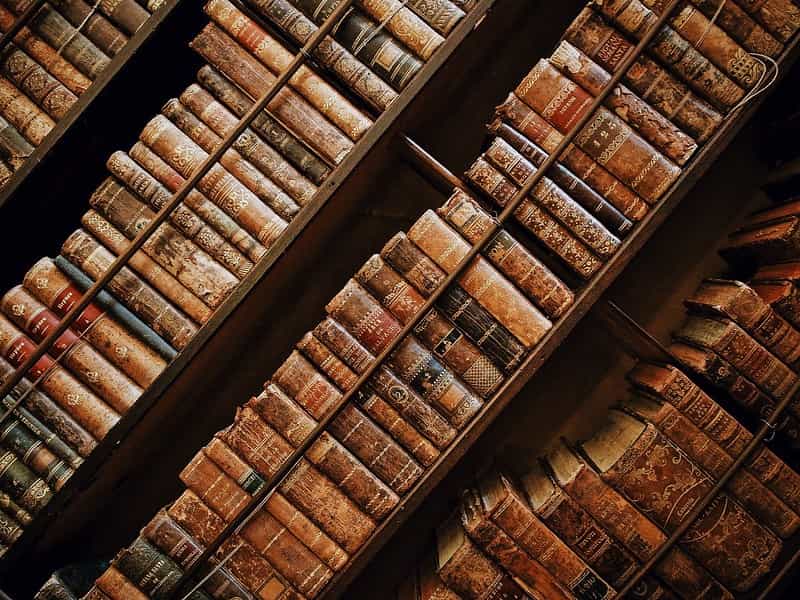 Old books about ancient history lining the bookshelves.