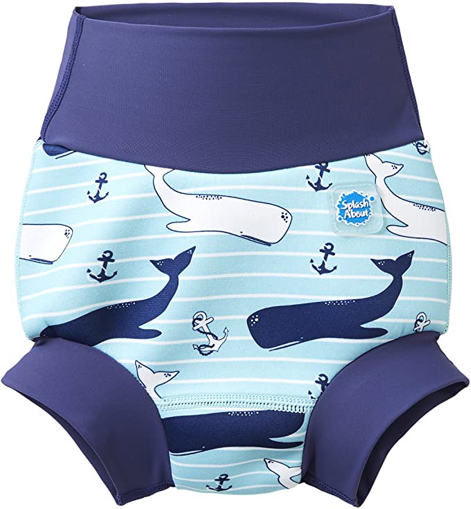 A blue Happy Nappy with a whale print.
