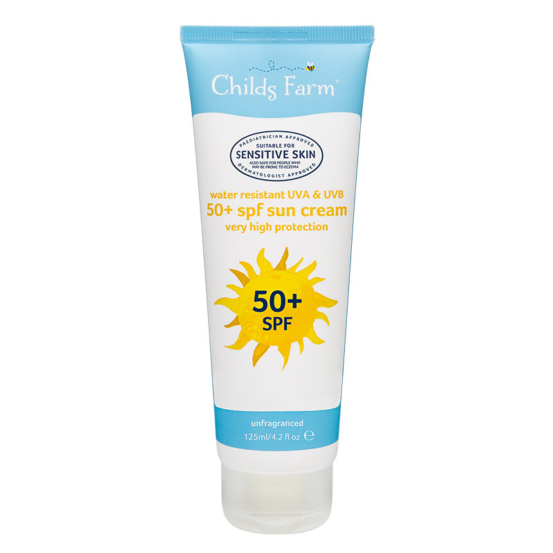 A Childs Farm 50+ SPF Water Resistant Sun Cream bottle.