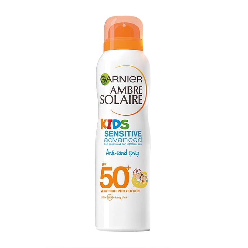 A Garnier Ambre Solaire Kids Protection Anti-Sand Spray, SPF 50+ bottle.