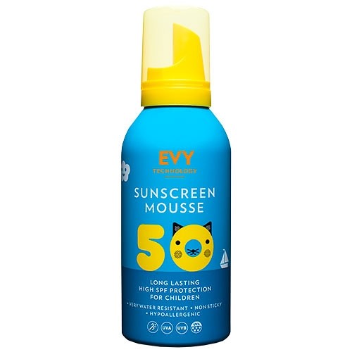 An Evy Technology Baby Sunscreen Mousse SPF 50 bottle.