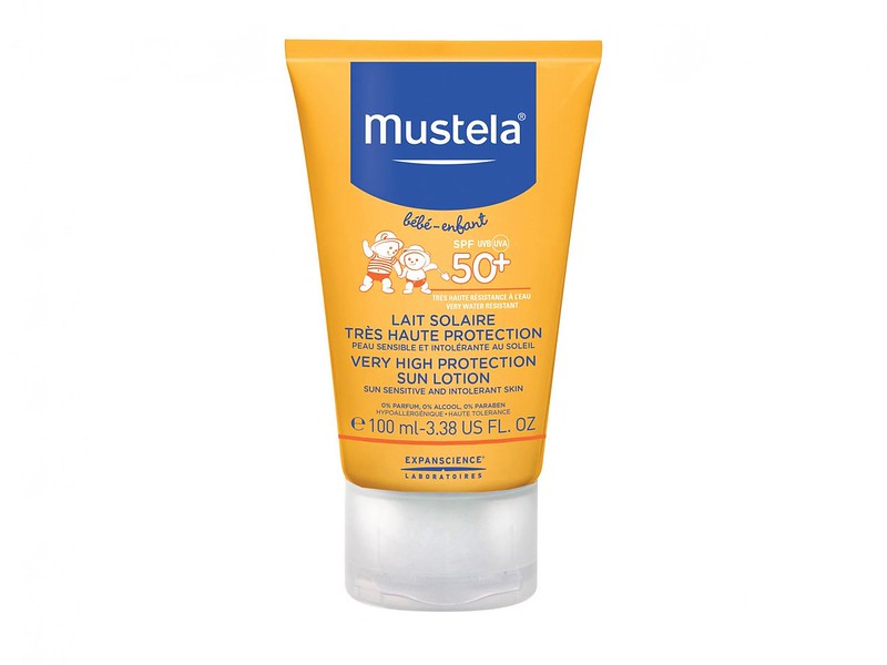 A Mustela Very High Protection Sun Lotion SPF 50+ tube.