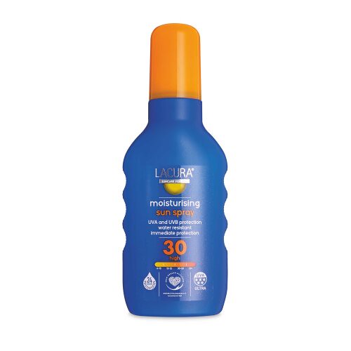 An Aldi Lacura Sun Spray SPF30 bottle.