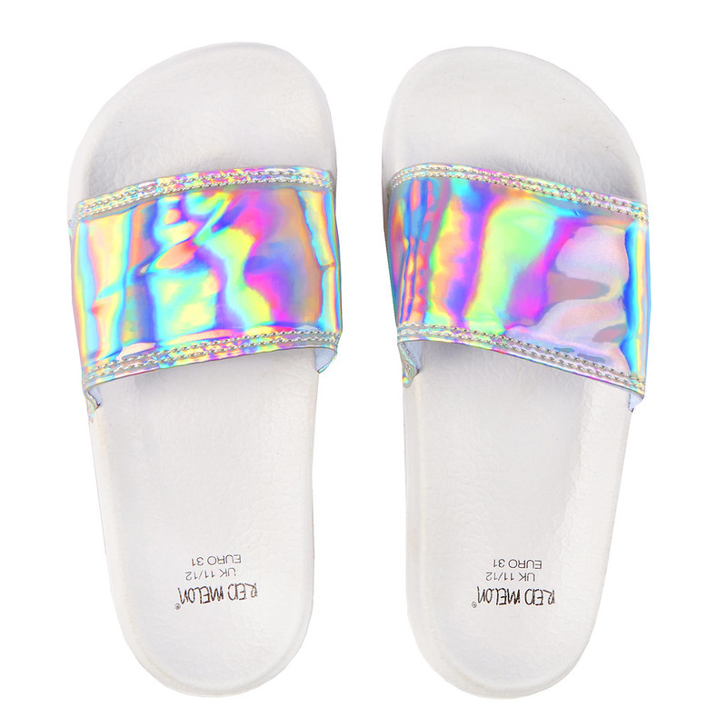Lora Dora Iridescent Glitter Sliders.