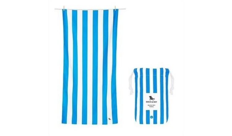 White and blue Quick Dry Beach Towel by Dock & Bay.