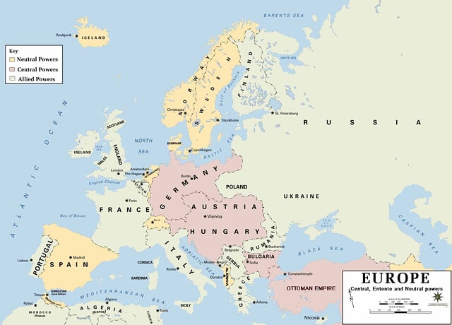 Map of the countries that fought in WW1 and which side they were on.
