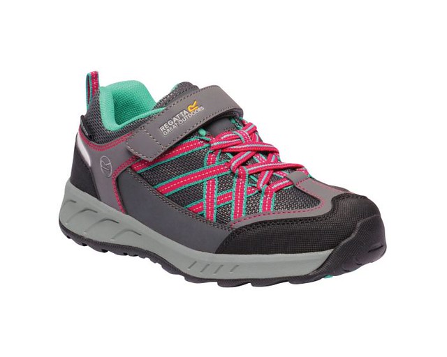 Black, grey, pink and mint green walking shoe.