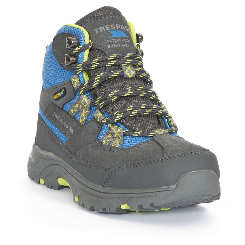 Cumberbatch kids' walking boot in black, blue and lime green.