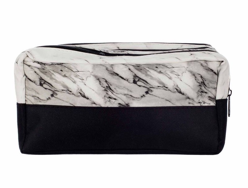 Triple Pocket Marble Pencil Case with a plain black bottom half and white and grey marble design on top.