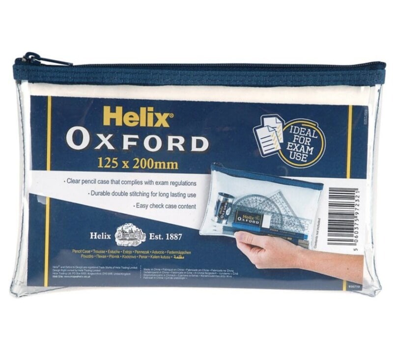 Helix Oxford Clear Pencil Case with navy lining and zipper.
