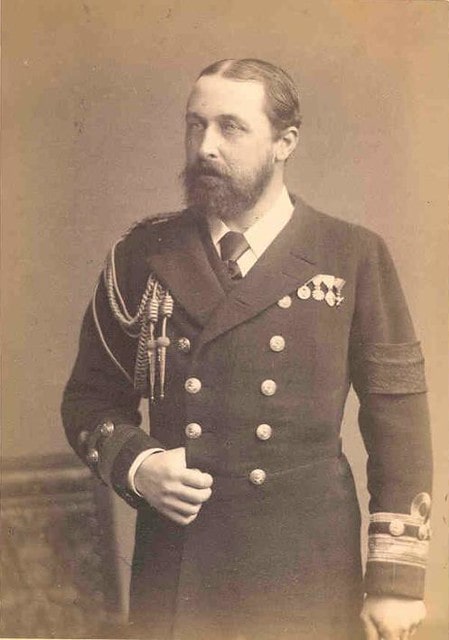 Black and white portrait of Prince Alfred in his Royal Navy uniform.