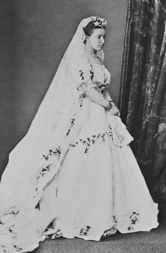 Black and white image of Princess Helena wearing her wedding dress and veil.