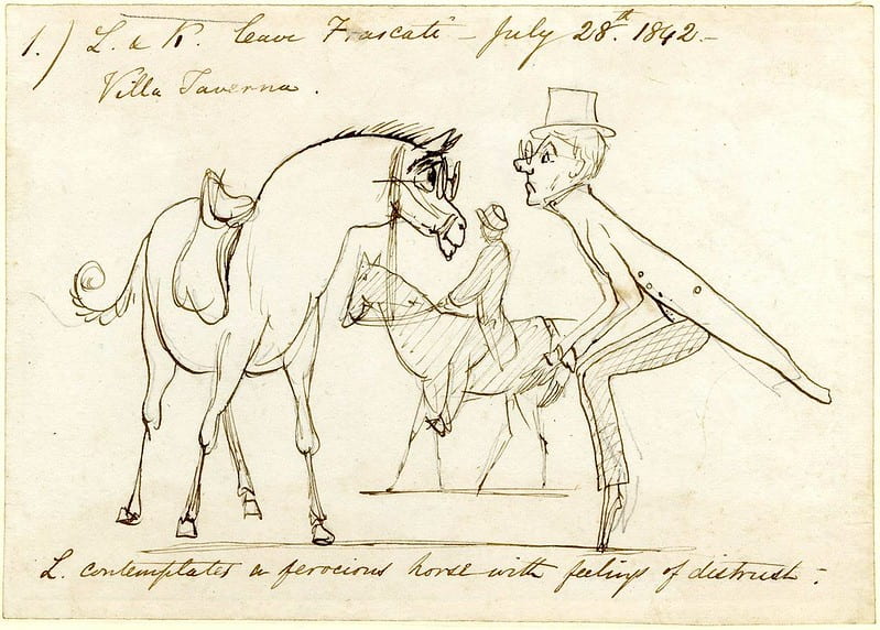 Sketch of Edward Lear poetry, a man looking at a horse.