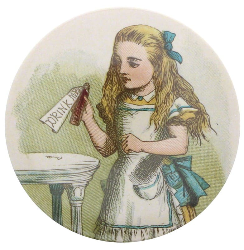 Sketch of Alice in Wonderland holding a potion bottle.