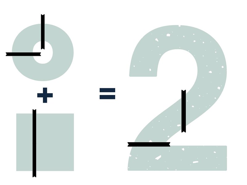 Diagram showing how to cut cakes to make the shape of the number 2.