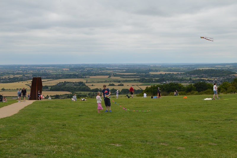 View from Dunstable Downs, kids are flying kites.