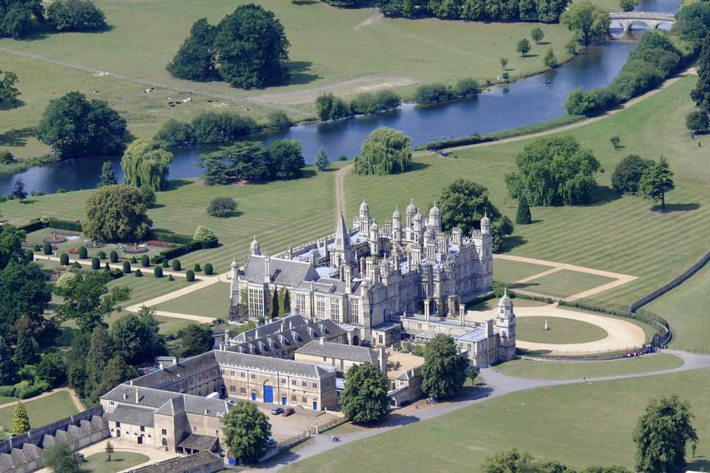 Aerial view of the beautiful, Elizabethan Burghley House.