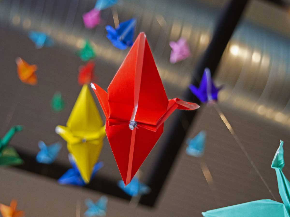 Different coloured origami chickens hanging from the ceiling.