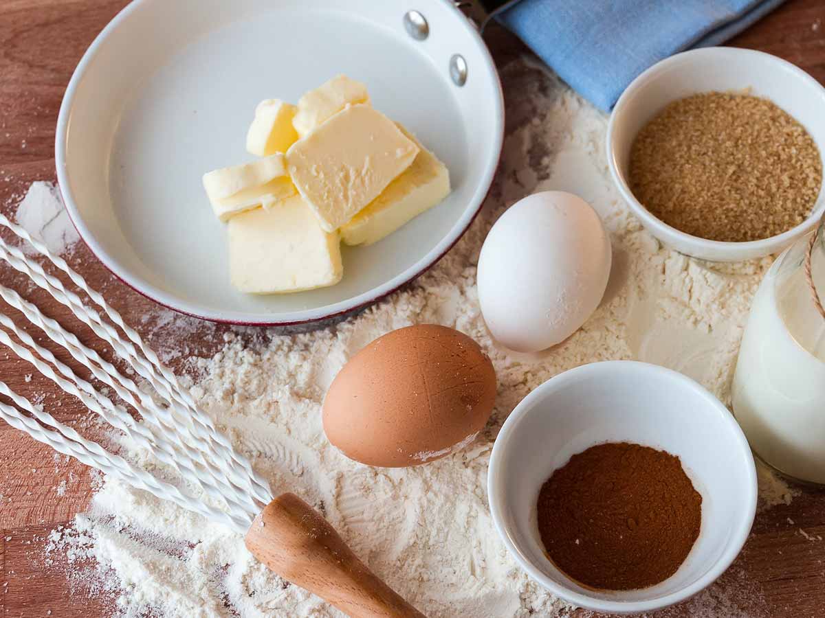 Raw baking ingredients ready to be mixed into batter.