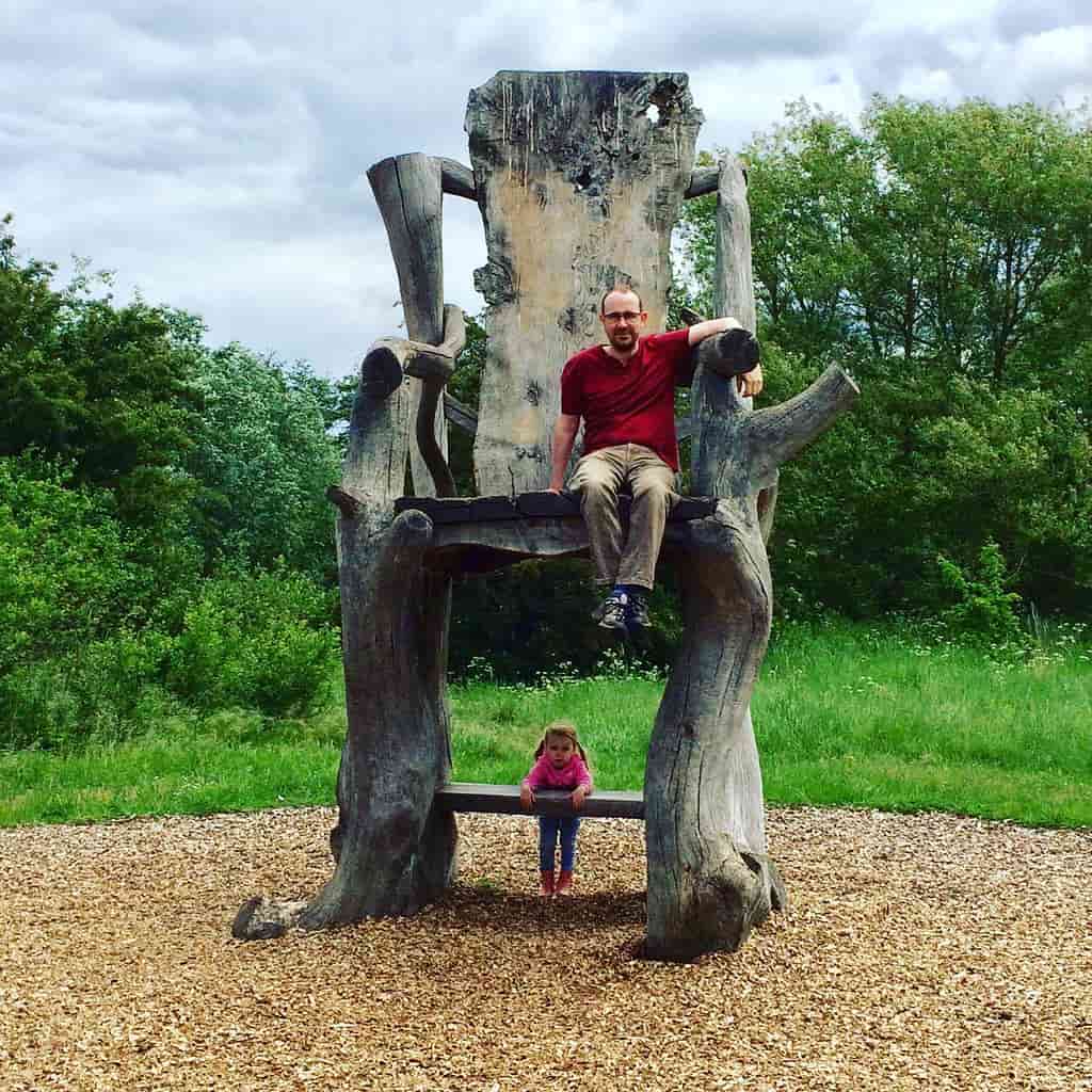The author and his daughter on a giant hair at River Lee Country Park.