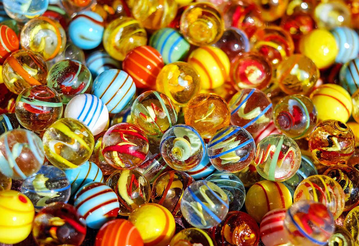 Lots of colourful, patterned marbles.