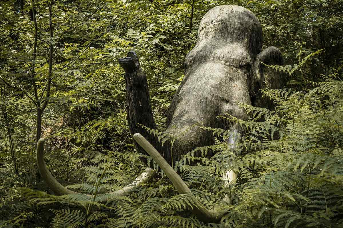 The head of a model of a large stone age animal emerging from greenery, it has a long trunk and two white tusks.
