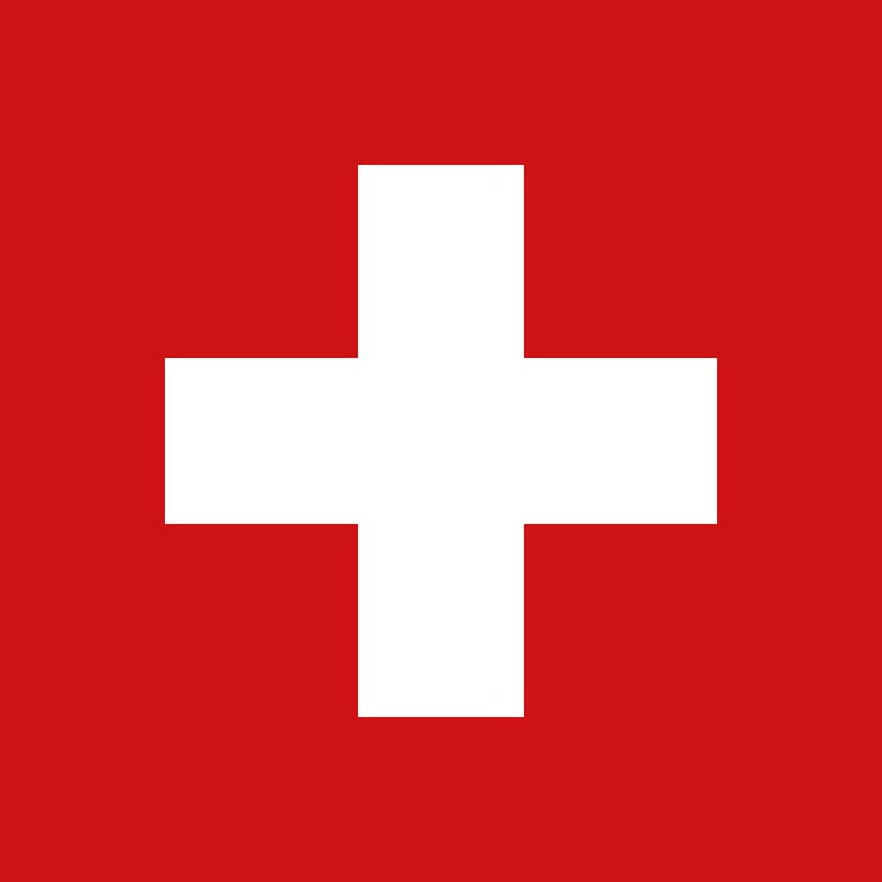 The flag of Switzerland, a large white plus sign in the middle of a red rectangle.