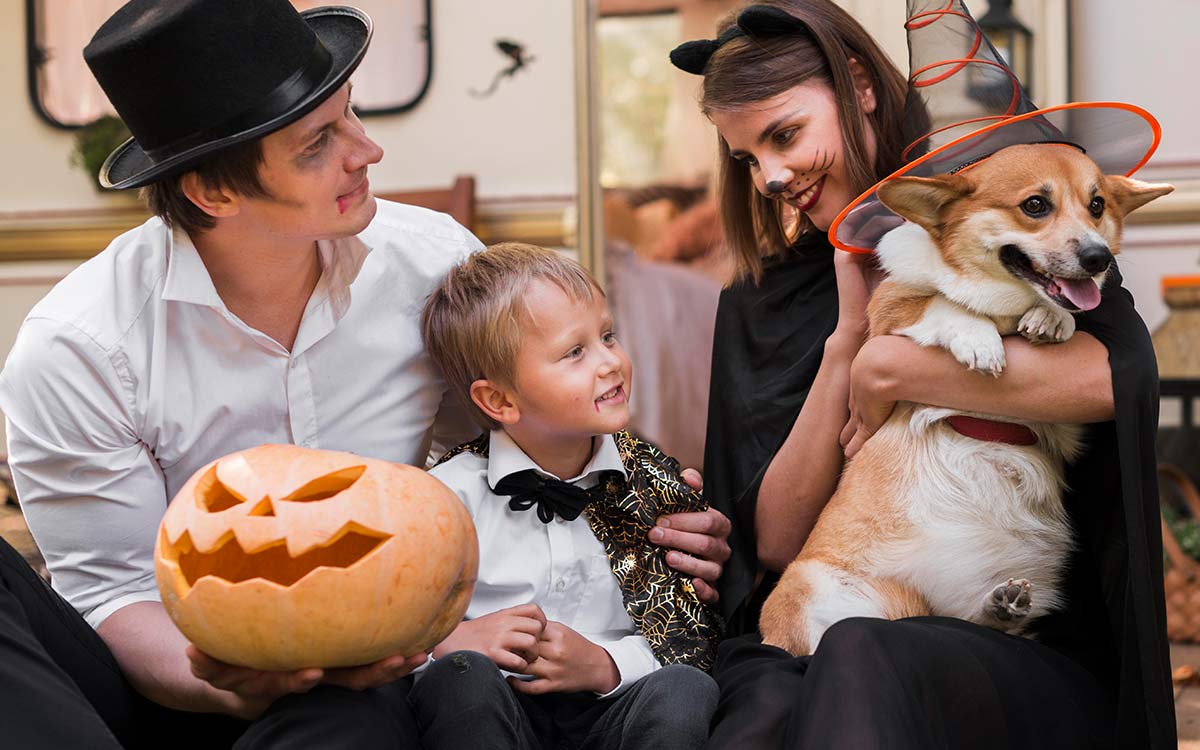 A whole family, including a dog, in Halloween fancy dress holding a pumpkin.,