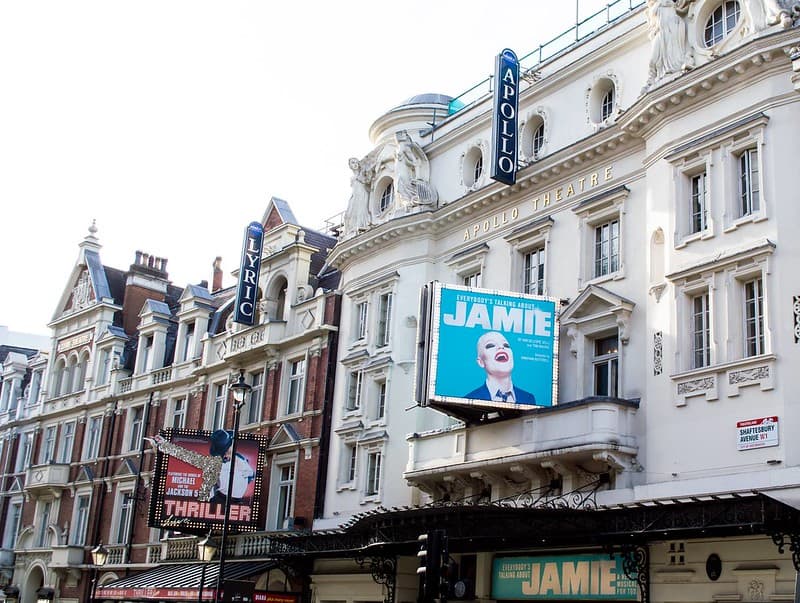 The exterior of the Apollo Theatre and Lyric Theatre in Shaftesbury Avenue, London.