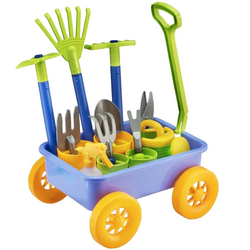 deAO Pull Along Kids' Wagon Wheelbarrow And Gardening Tools Play Set.
