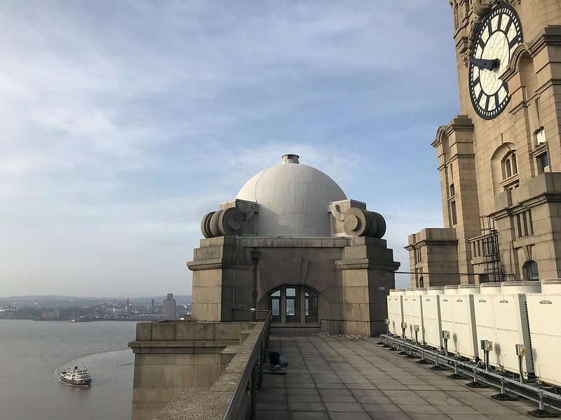 A viewing platform of the Royal Liver Building overlooking the Merseyside.