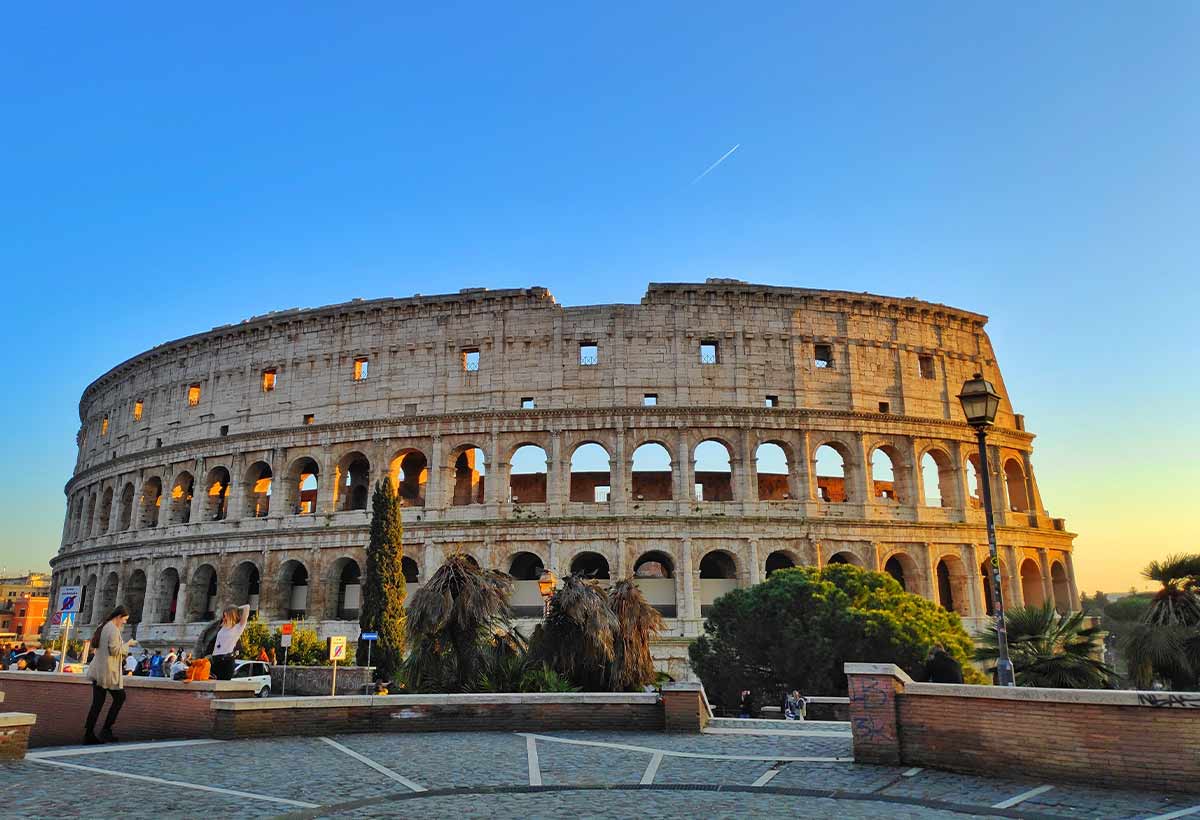 The Colosseum in Rome at sunset.