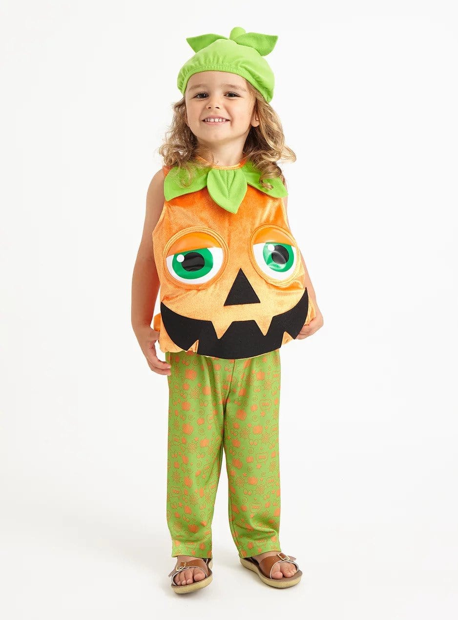 Girl wearing Halloween Pumpkin Costume.