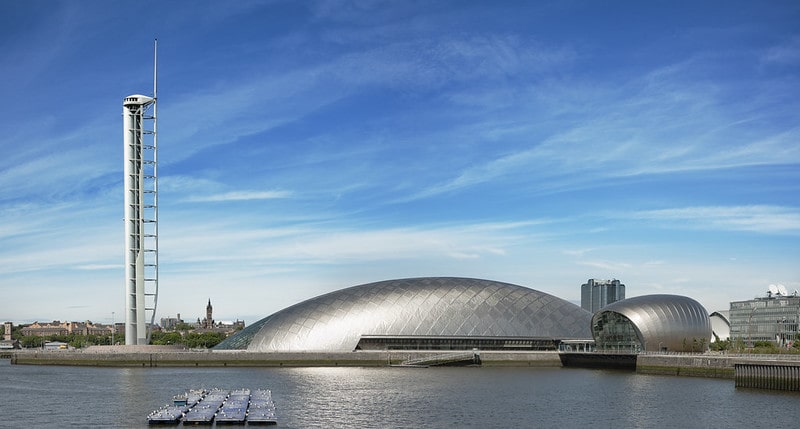 Titanium dome of Glasgow Science Centre, a great space museum for kids.