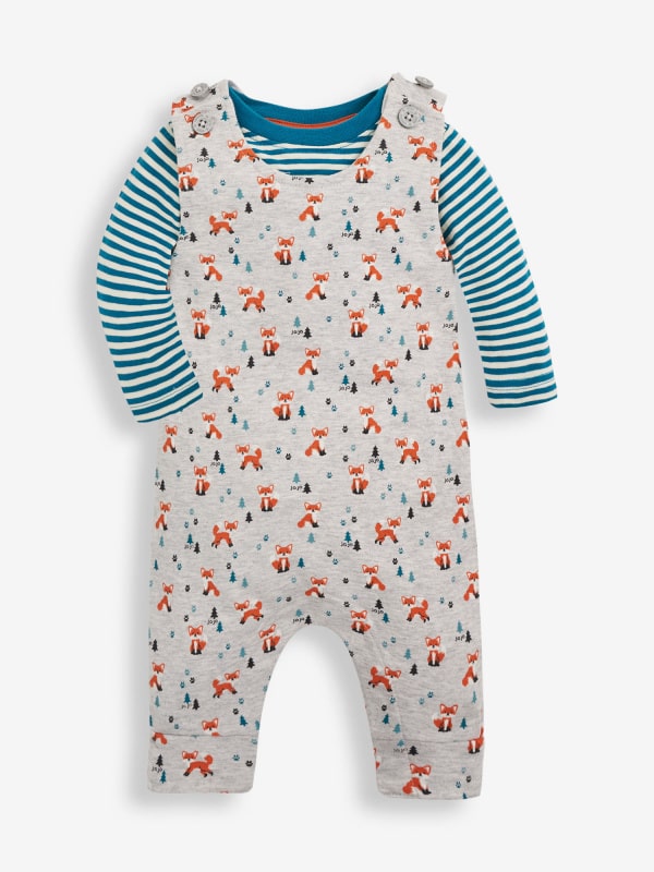 Jojo Maman Bebe 2-Piece Fox Print Baby Dungarees Set.