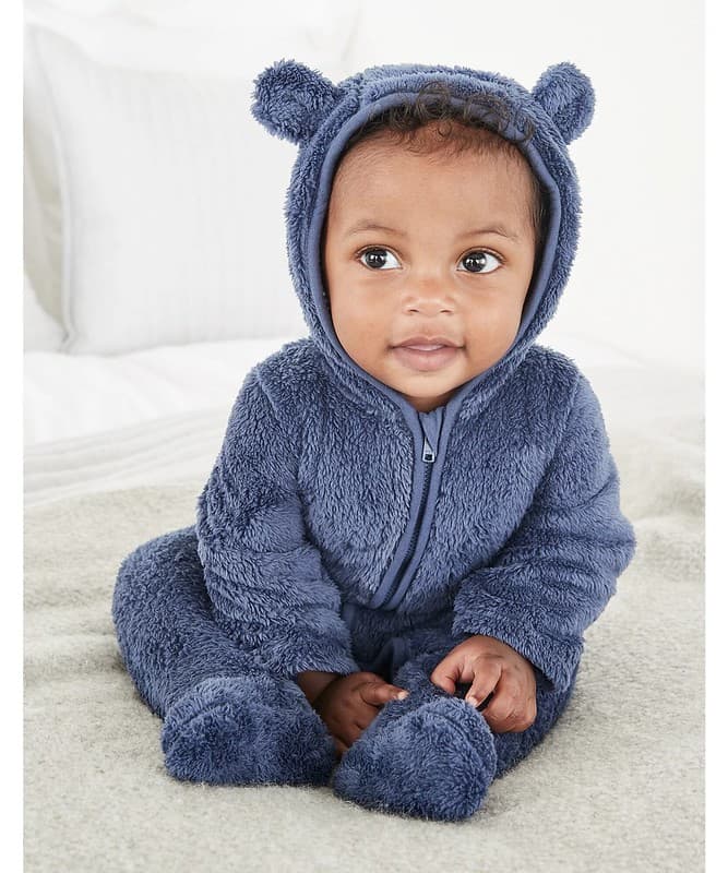 The White Company blue fleece bear romper.