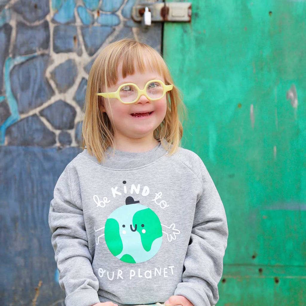 Girl wearing comfy eco-friendly sweatshirt.