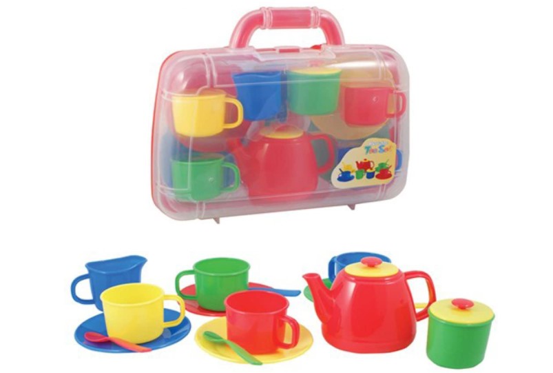 A budget friendly colourful tea set in a carry case.