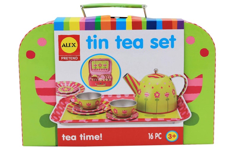 Pretty designed 17 pieces tin tea set.