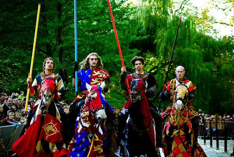 Medieval actors in battle war gears.