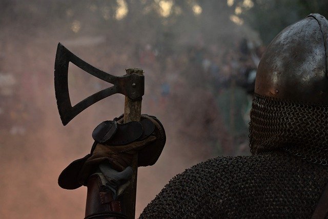 The back of a viking solder holding his battle axe.