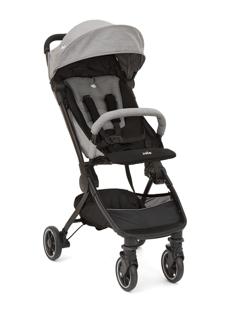 Joie pact™ lite in black and grey folds so small that it's great for public transport.